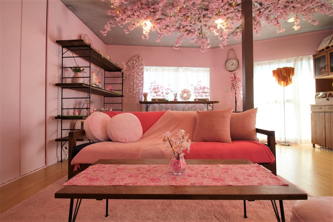 ピンク壁面の可愛い室内